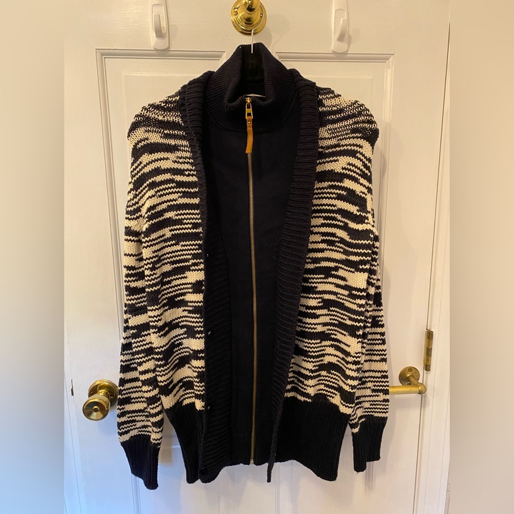Tory Burch Olivia Merino Wool Zip Up Cardigan Navy size S